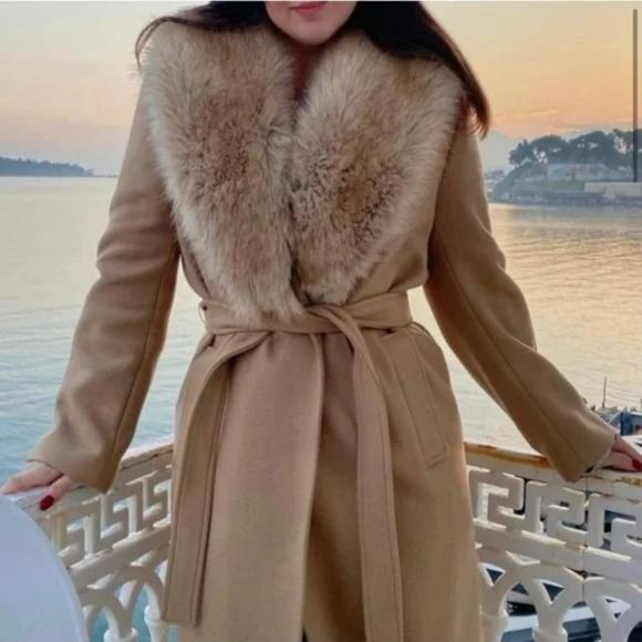 ZARA FUR COLLAR WOOL BLEND BELTED COAT TAN - Picture 9 of 11